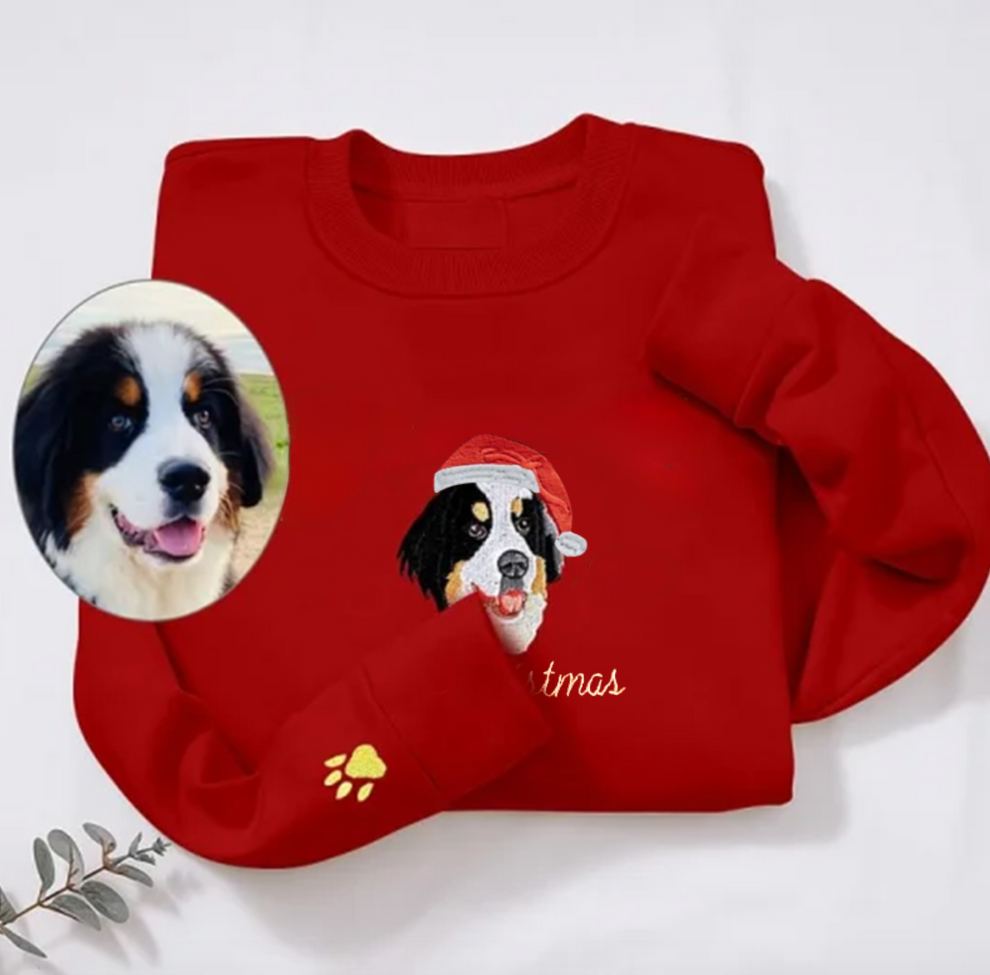 カスタム刺繍ペットスウェットシャツ、ペットの顔のカラーポートレートサンタホリデークルーネックスウェットシャツ
