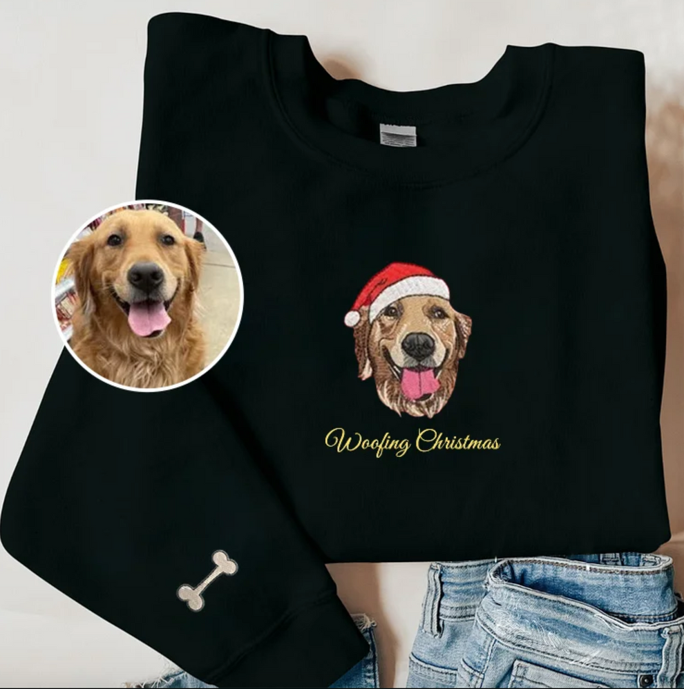 カスタム刺繍ペットスウェットシャツ、ペットの顔のカラーポートレートサンタホリデークルーネックスウェットシャツ