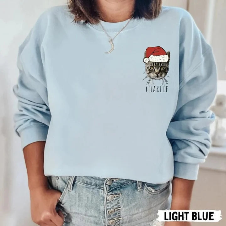 カスタム刺繍ペットスウェットシャツ、ペットの顔のカラーポートレートサンタホリデークルーネックスウェットシャツ