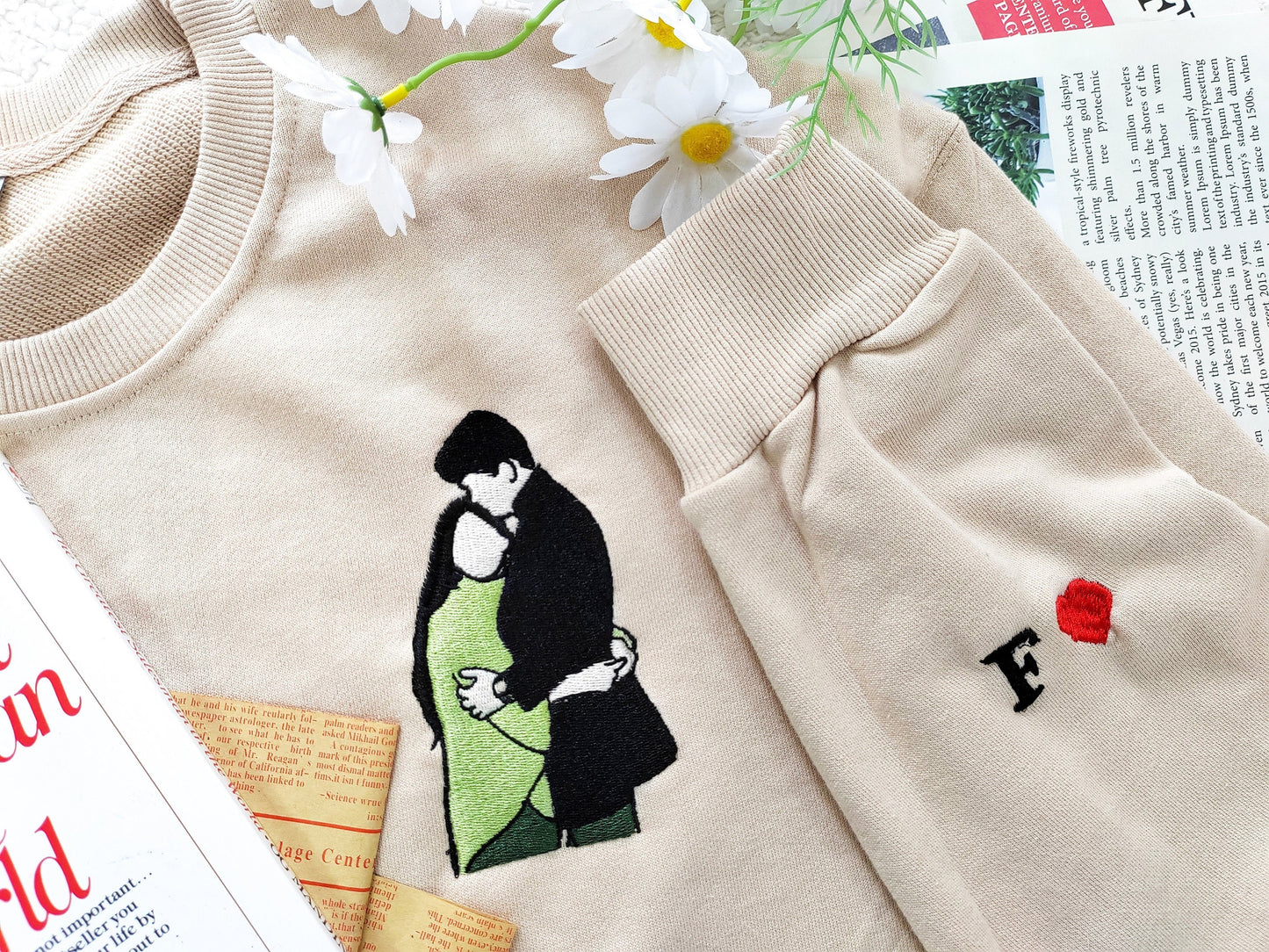 カップルポートレート刺繍パーカー、カップルマッチング写真スウェットシャツ、刺繍パーカー