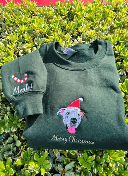 カスタム刺繍ペットスウェットシャツ、ペットの顔のカラーポートレートサンタホリデークルーネックスウェットシャツ