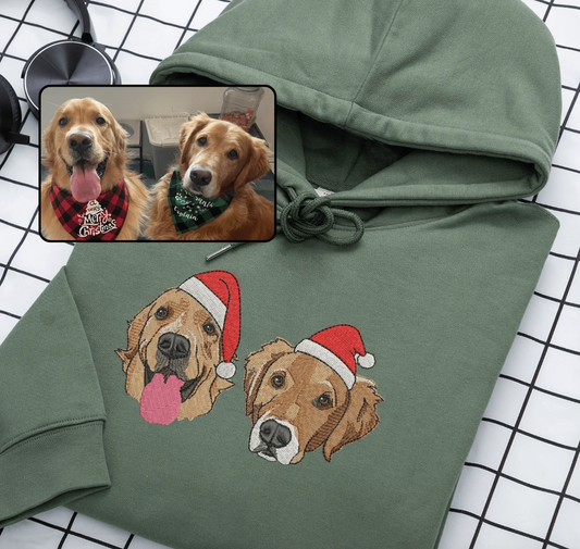 カスタム刺繍ペットスウェットシャツ、ペットの顔のカラーポートレートサンタホリデークルーネックスウェットシャツ