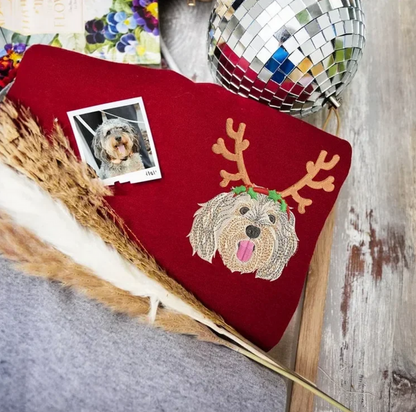 カスタム刺繍ペットスウェットシャツ、ペットの顔のカラーポートレートサンタホリデークルーネックスウェットシャツ