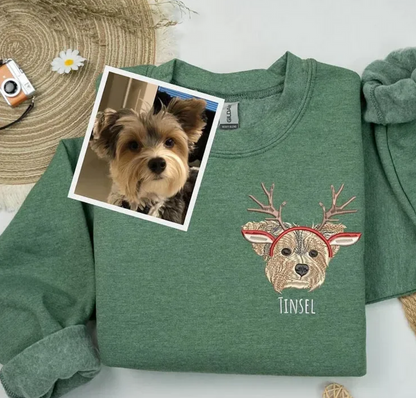 カスタム刺繍ペットスウェットシャツ、ペットの顔のカラーポートレートサンタホリデークルーネックスウェットシャツ