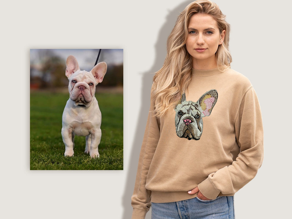 写真からパーソナライズされた犬のママのスウェットシャツ、バーシティスウェットシャツ、犬の飼い主へのギフト、パーソナライズされたペットの肖像画の刺繍スウェットシャツパーカー