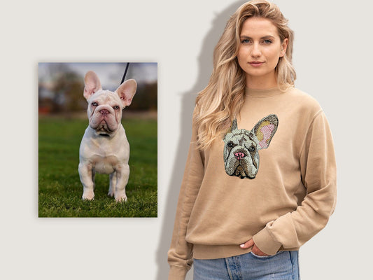 写真からパーソナライズされた犬のママのスウェットシャツ、バーシティスウェットシャツ、犬の飼い主へのギフト、パーソナライズされたペットの肖像画の刺繍スウェットシャツパーカー
