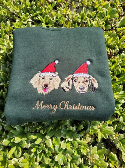 カスタム刺繍ペットスウェットシャツ、ペットの顔のカラーポートレートサンタホリデークルーネックスウェットシャツ