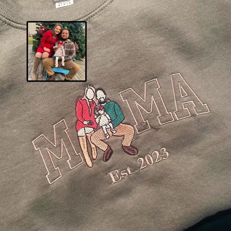 カスタムママスウェットシャツ、フォトパーカー、刺繍ママと子供の肖像画、バーシティシャツ、ママのためのパーソナライズ刺繍シャツ