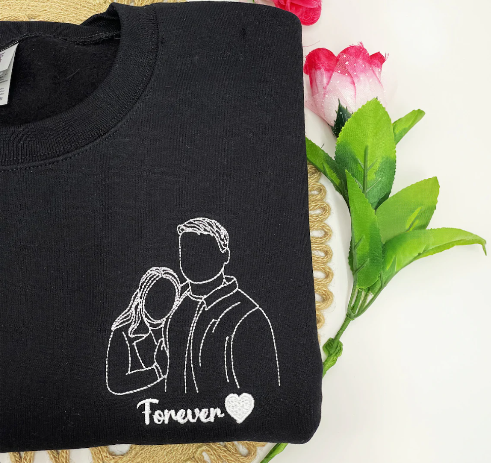 写真からカスタム刺繍されたポートレートスウェットシャツ、アウトライン写真スウェットシャツ、家族のワンラインドローイングギフト、カップルパーカー