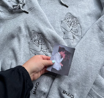 写真からカスタム刺繍されたポートレートスウェットシャツ、アウトライン写真スウェットシャツ、家族のワンラインドローイングギフト、カップルパーカー