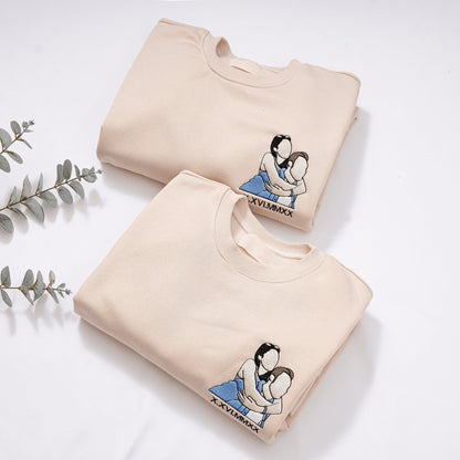 カスタム刺繍スウェットシャツ、カップル向けのパーソナライズギフト、アウトライン写真パーカー、ユニセックスパーカー
