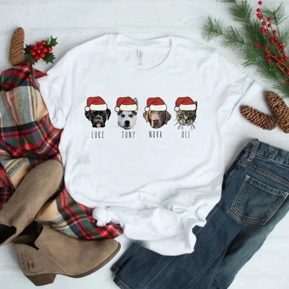 カスタム刺繍ペットスウェットシャツ、ペットの顔のカラーポートレートサンタホリデークルーネックスウェットシャツ