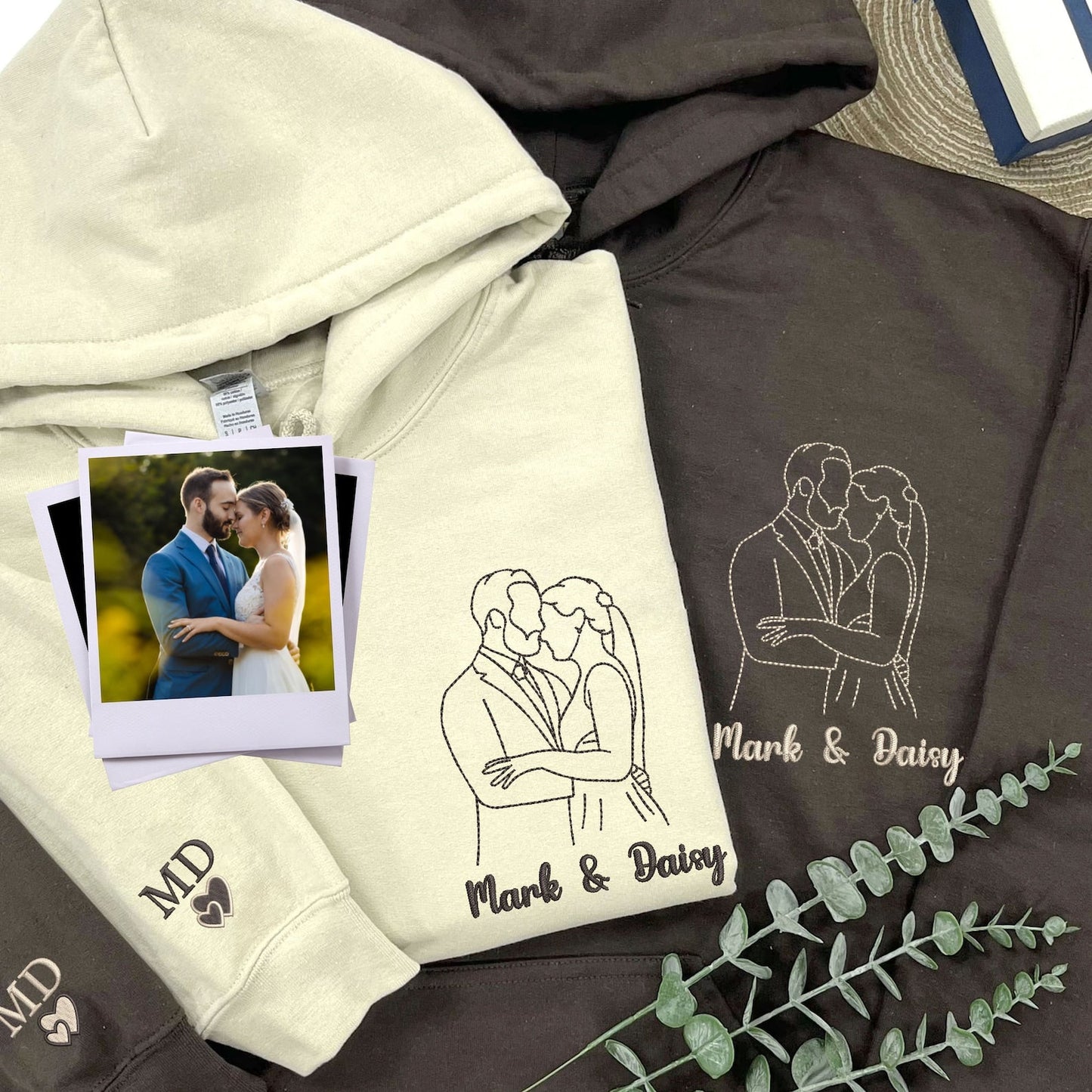 写真からカスタム刺繍されたポートレートスウェットシャツ、カップルポートレートシャツ、ウェディングポートレート、お揃いのカップルパーカー、妻への記念日の贈り物