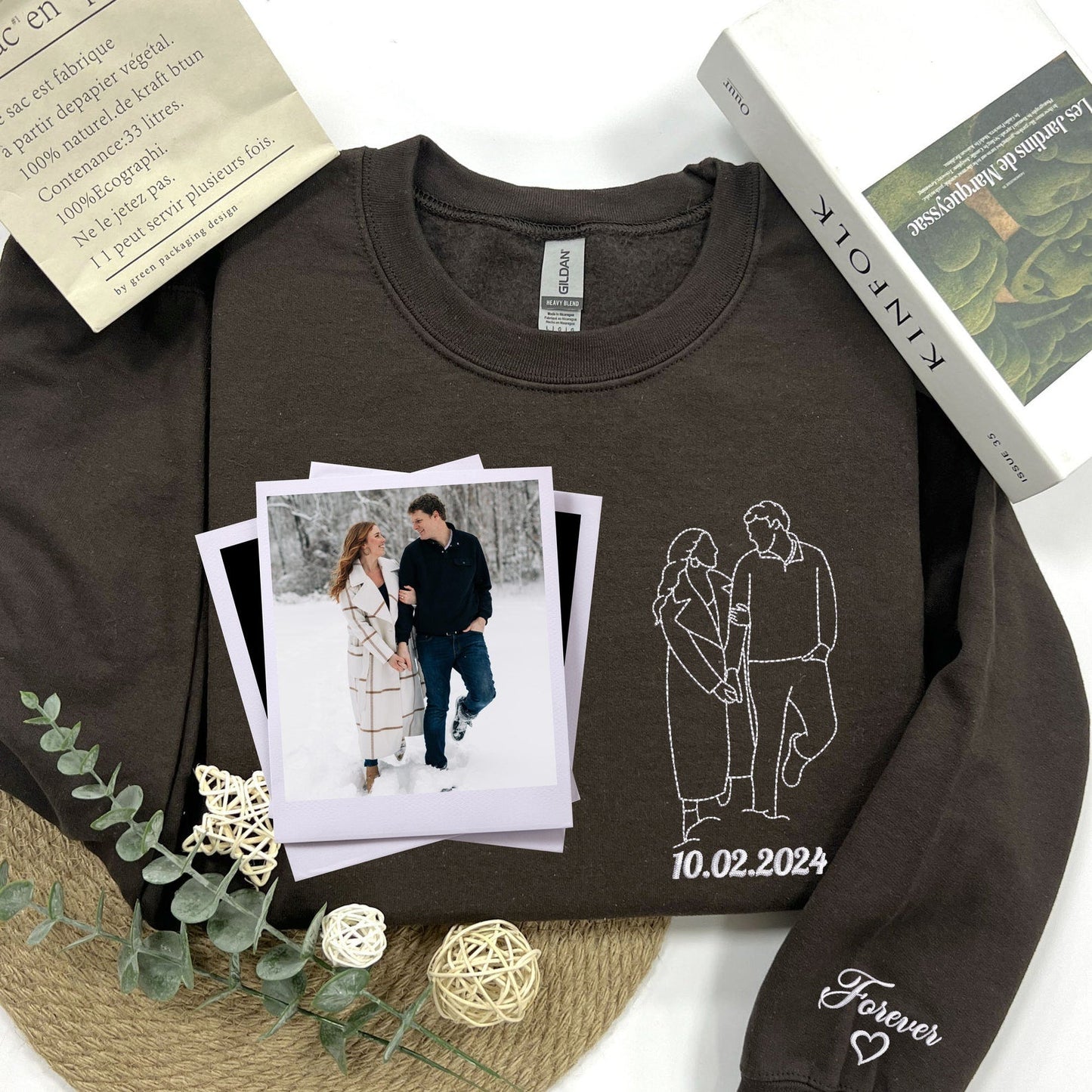写真からカスタム刺繍されたポートレートスウェットシャツ、カップルポートレートシャツ、ウェディングポートレート、お揃いのカップルパーカー、妻への記念日の贈り物
