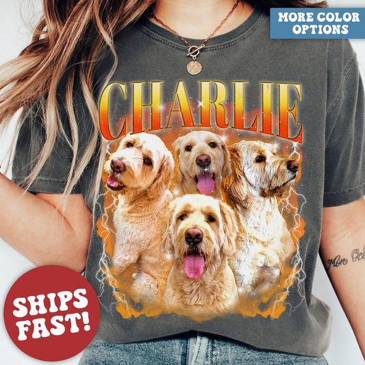 カスタム犬用Tシャツ、レトロ犬用シャツ、パーソナライズされたペットプリントシャツ、90年代シャツ