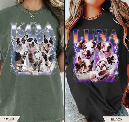 カスタム犬用Tシャツ、レトロ犬用シャツ、パーソナライズされたペットプリントシャツ、90年代シャツ
