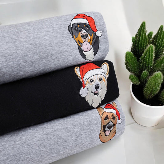 カスタム刺繍ペットスウェットシャツ パーソナライズされたペットの顔のスウェットシャツ、犬用サンタ帽子、犬好きの方へのギフト