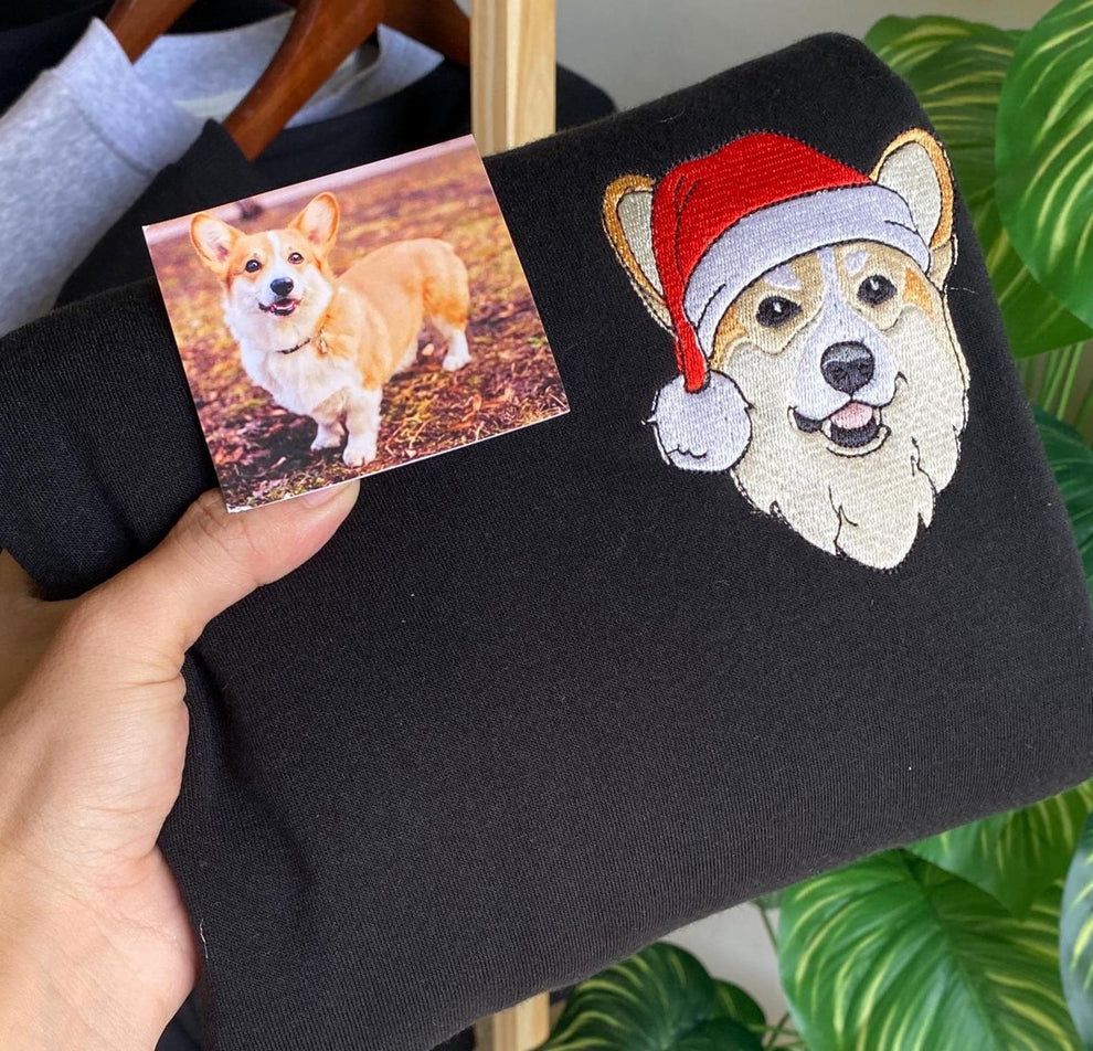 カスタム刺繍ペットスウェットシャツ パーソナライズされたペットの顔のスウェットシャツ、犬用サンタ帽子、犬好きの方へのギフト