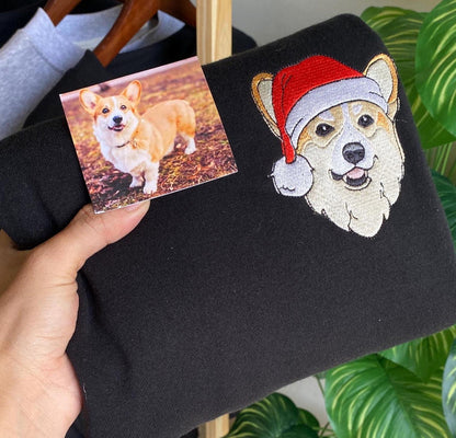 カスタム刺繍ペットスウェットシャツ パーソナライズされたペットの顔のスウェットシャツ、犬用サンタ帽子、犬好きの方へのギフト