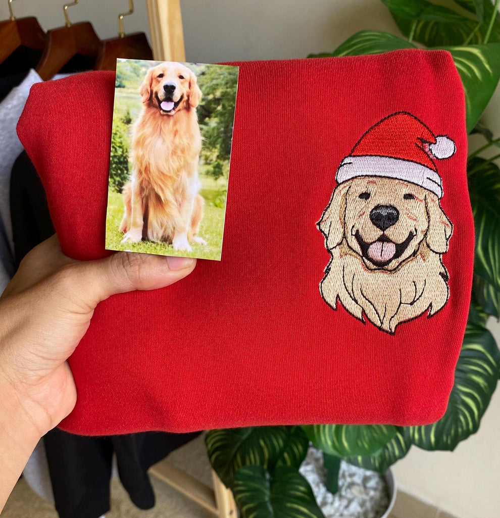カスタム刺繍ペットスウェットシャツ パーソナライズされたペットの顔のスウェットシャツ、犬用サンタ帽子、犬好きの方へのギフト