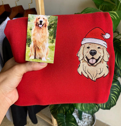 カスタム刺繍ペットスウェットシャツ パーソナライズされたペットの顔のスウェットシャツ、犬用サンタ帽子、犬好きの方へのギフト