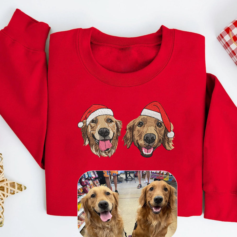 カスタム刺繍ペットスウェットシャツ パーソナライズされたペットの顔のスウェットシャツ、犬用サンタ帽子、犬好きの方へのギフト