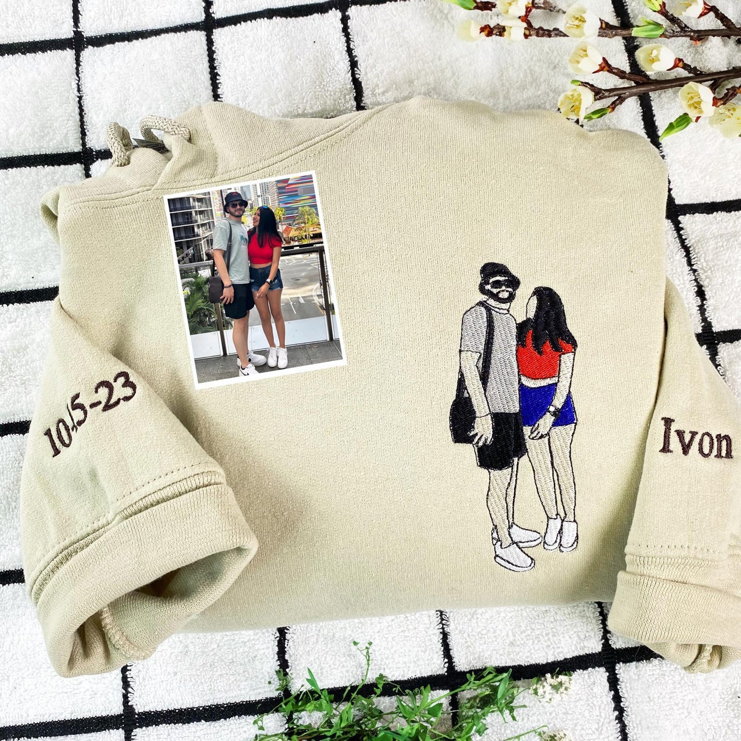 カスタムカップル刺繍パーカー、写真からのカスタムポートレートスウェットシャツ、カップルスウェットシャツ、記念日のギフト、カップル向けのパーソナライズされたギフト