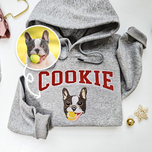 あなたの写真からカスタム刺繍されたヴァーシティペットスウェットシャツ、犬の名前入りパーカー、犬の飼い主へのギフト