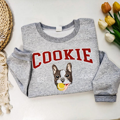 あなたの写真からカスタム刺繍されたヴァーシティペットスウェットシャツ、犬の名前入りパーカー、犬の飼い主へのギフト
