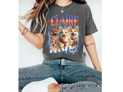 カスタムコンフォートカラーの犬用Tシャツ、レトロ犬用シャツ、パーソナライズされたペットの写真プリントシャツ、90年代のシャツ