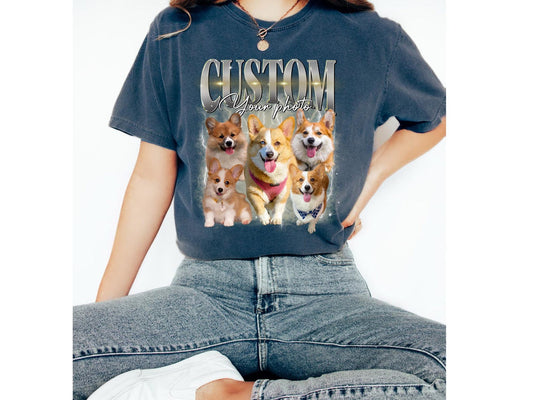 カスタムコンフォートカラーの犬用Tシャツ、レトロ犬用シャツ、パーソナライズされたペットの写真プリントシャツ、90年代のシャツ
