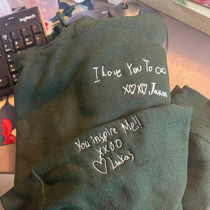 手書きの刺繍入りスウェットシャツをカスタマイズ、カップルのメッセージ刺繍シャツ、カップルのマッチングスウェットシャツ、彼と彼女へのパーソナライズされたギフト
