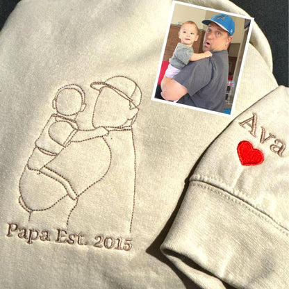 カスタム刺繍パーカー お父さんと娘 | パーソナライズされたお父さんスウェットシャツ | お父さんパーカー | アウトライン写真 | 家族ポートレート | クリスマスギフト