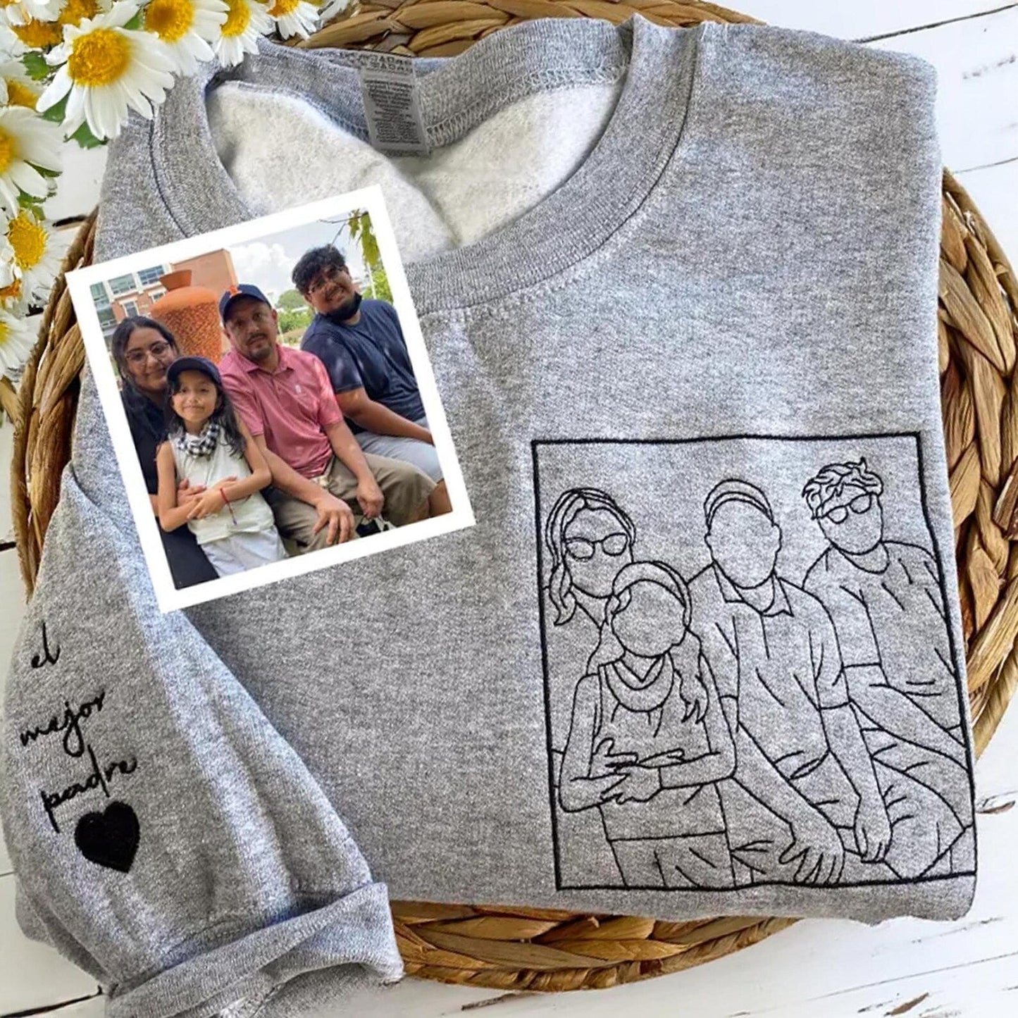 刺繍入りスウェットシャツのお父さんと娘の輪郭写真 | カスタマイズされたお父さんのスウェットシャツ | パーソナライズされたお父さんのポートレートパーカー | お父さんへの父の日ギフト