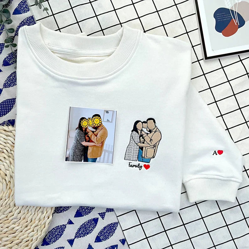 カスタム刺繍スウェットシャツ、カスタム刺繍パーカー、カスタム写真ポートレート、カスタム刺繍シャツ、家族の顔なしポートレートギフトカップル