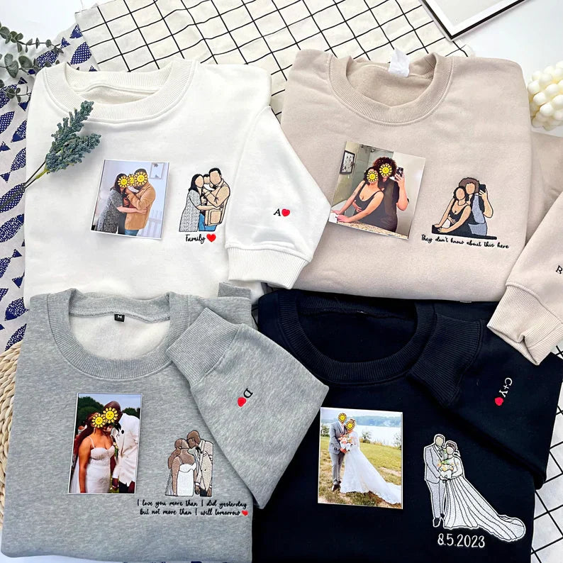 カスタム刺繍スウェットシャツ、カスタム刺繍パーカー、カスタム写真ポートレート、カスタム刺繍シャツ、家族の顔なしポートレートギフトカップル