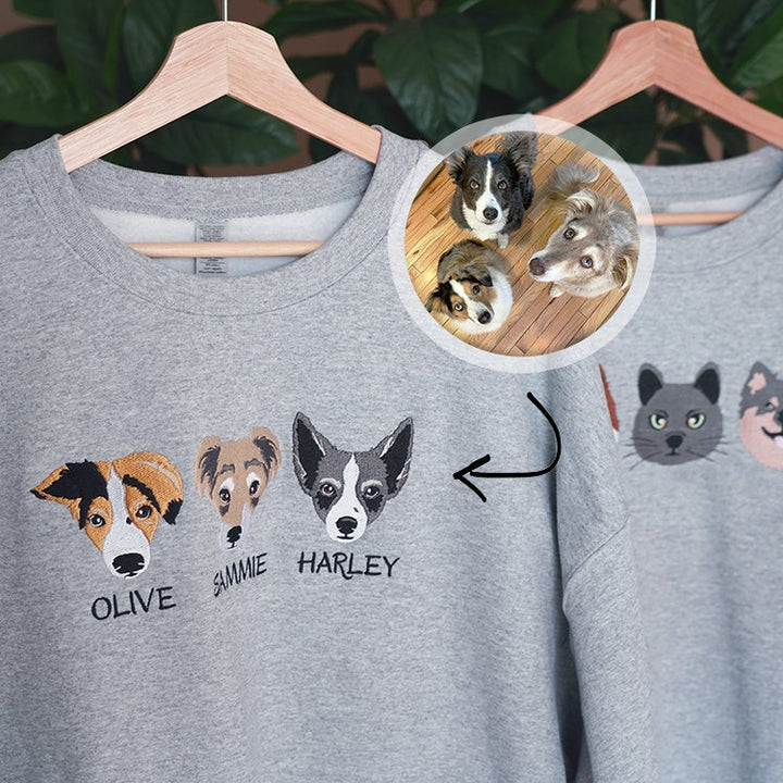 刺繍入りペットポートレートオーガニックスウェットシャツ | カスタムペットポートレートオーガニックパーカー