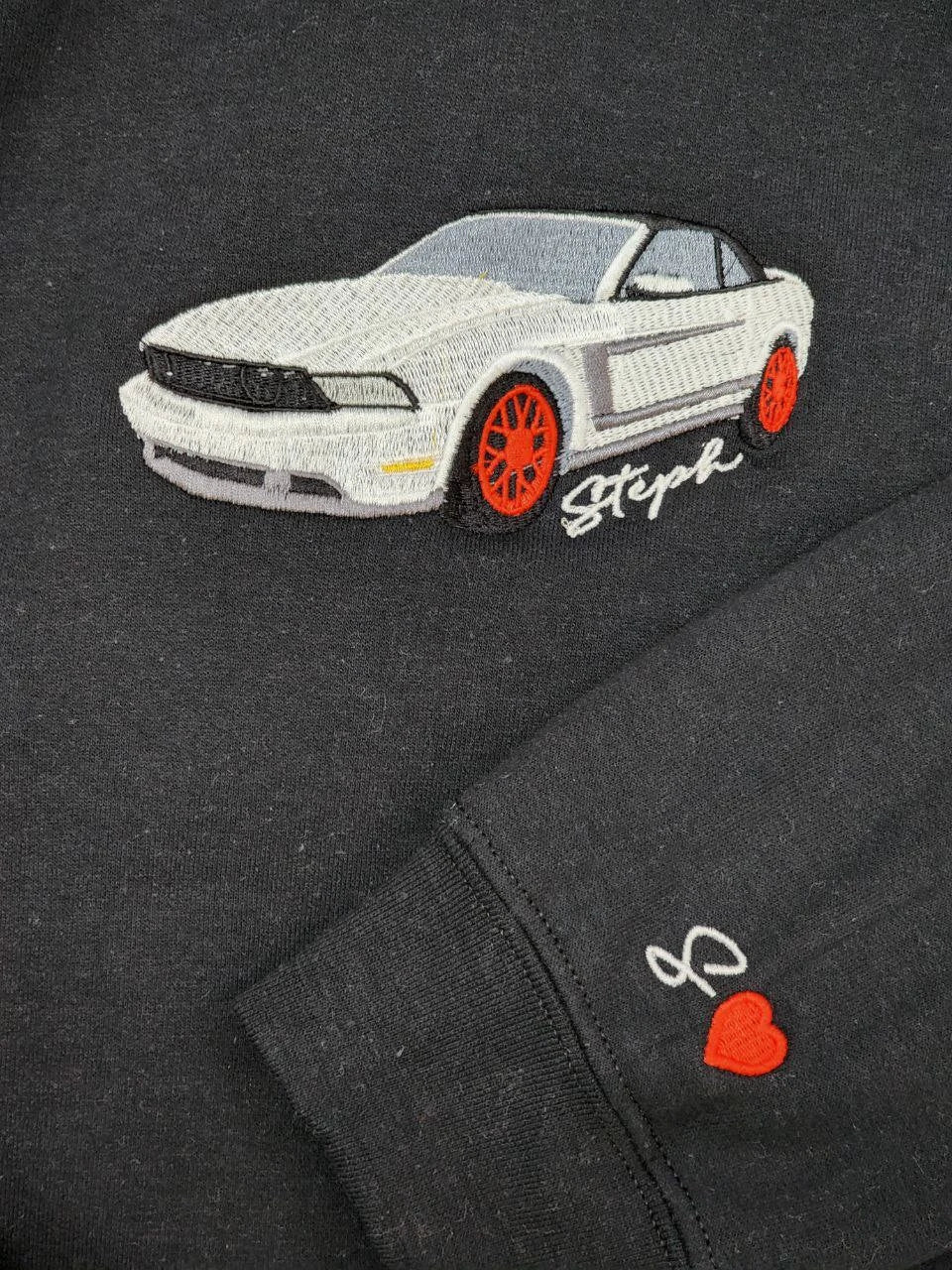 刺繍入りカーパーカー、男性用パーソナライズカースウェットシャツ、カースウェットシャツ、レースカーパーカー