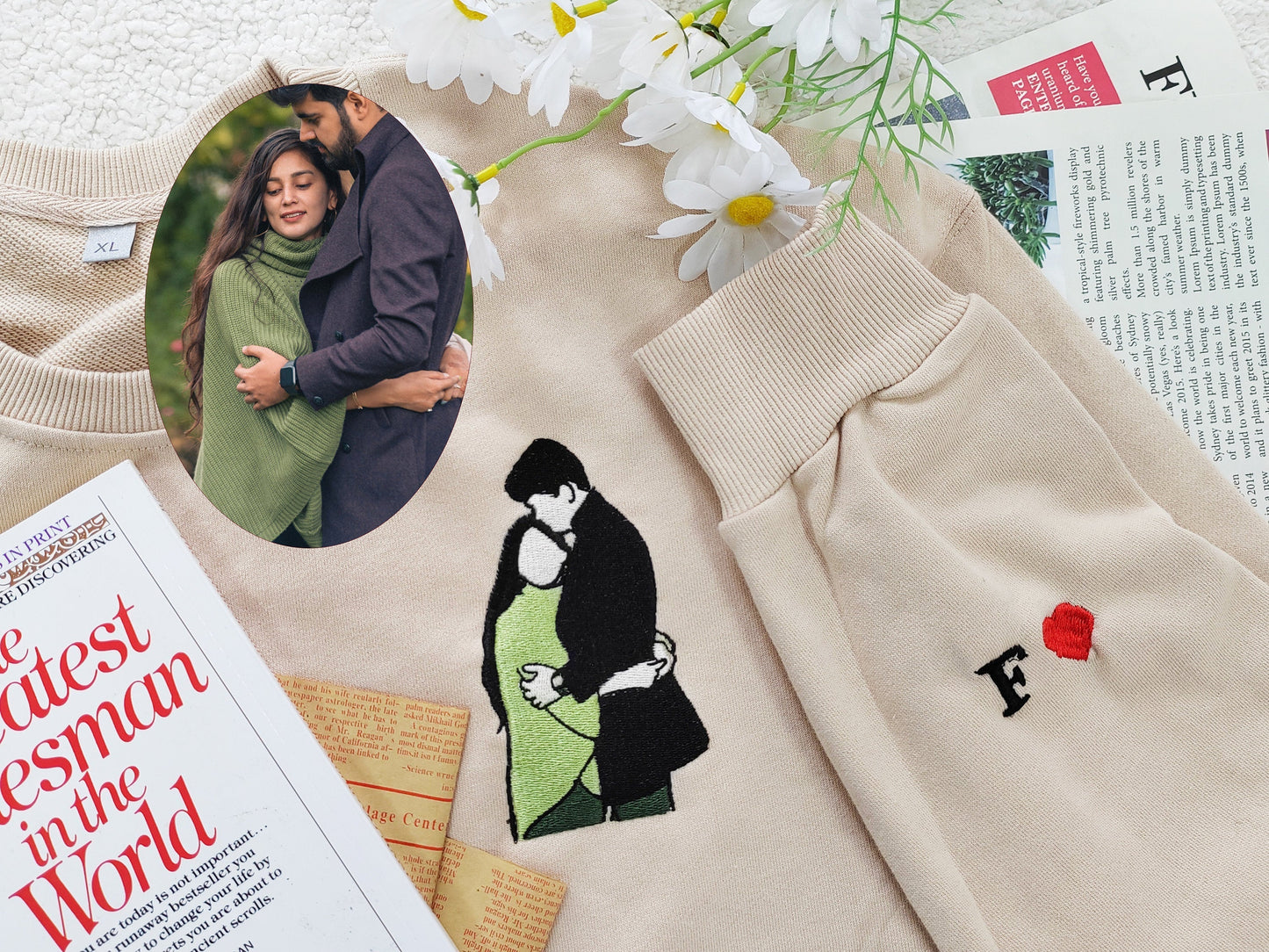 カップルポートレート刺繍パーカー、カップルマッチング写真スウェットシャツ、刺繍パーカー