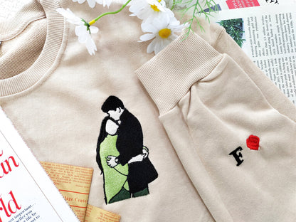 カップルポートレート刺繍パーカー、カップルマッチング写真スウェットシャツ、刺繍パーカー